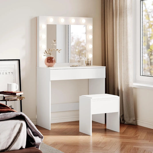 Coiffeuse Sirhona avec Miroir LED et Tabouret, Luminosité Réglable, Tiroir Spacieux, Idéale pour Chambre, Blanc