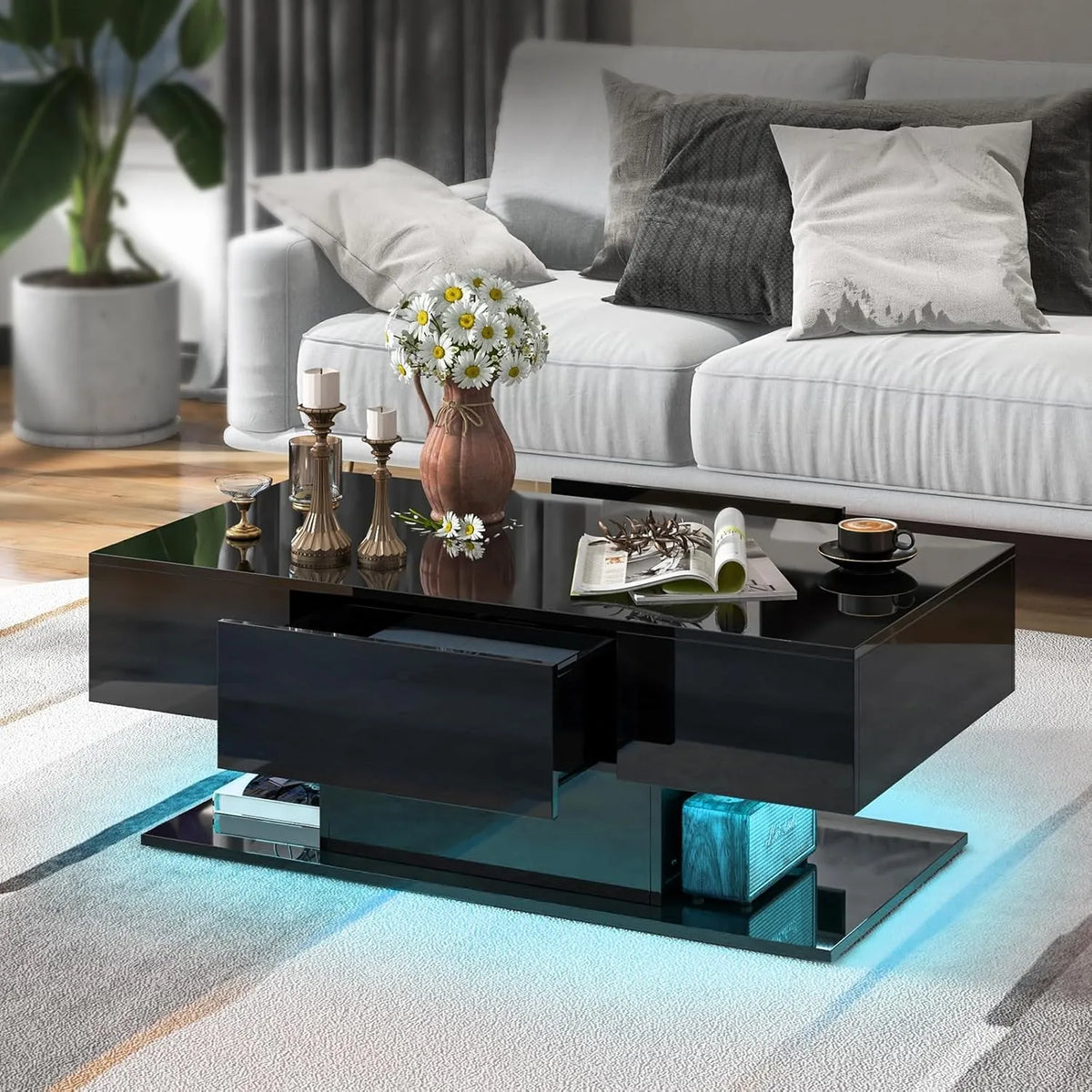 Table Basse Moderne Noire avec LED et Télécommande, 20 Couleurs, 2 Tiroirs, 110 x 60 x 40 cm