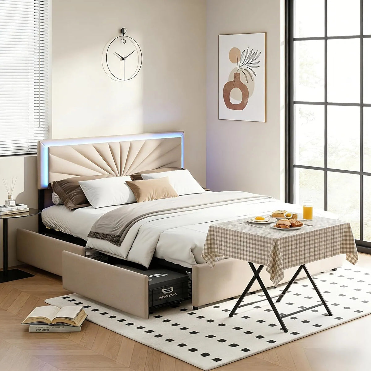 Lit double 160x200 cm avec rangements et tête de lit LED, structure bois et tissu beige