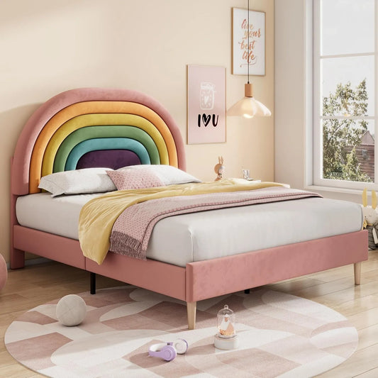 Lit Double 140x200 avec Sommier, Tête de Lit Arc-en-Ciel Réglable pour Enfants et Adultes, Velours Rose