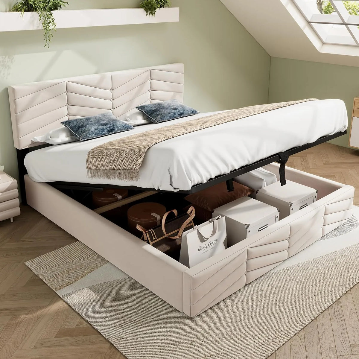 Lit Double Fonctionnel Merax 160x200 cm avec Sommier à Lattes, Tête de Lit Ajustable et Rangement Hydraulique en Velours Beige
