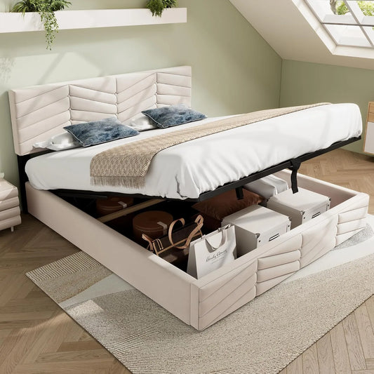 Lit Double Fonctionnel Merax 160x200 cm avec Sommier à Lattes, Tête de Lit Ajustable et Rangement Hydraulique en Velours Beige