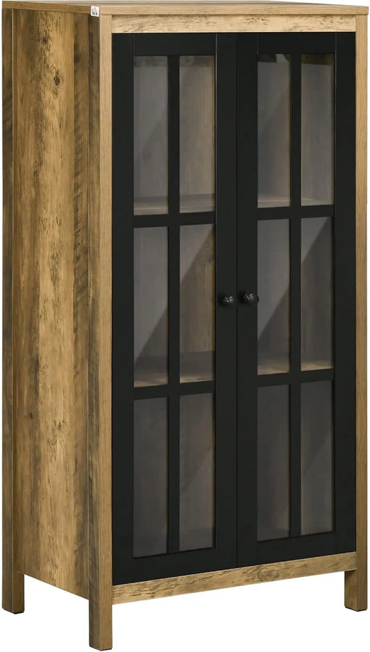 Buffet contemporain avec portes vitrées en bois, Armoire de salon, 60x35x120 cm, Marron