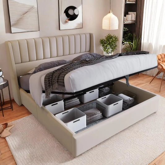 Lit Double Capitonné avec Coffre de Rangement 180x200cm, Sommier à Lattes, Lin Beige (Matelas Non Inclus)