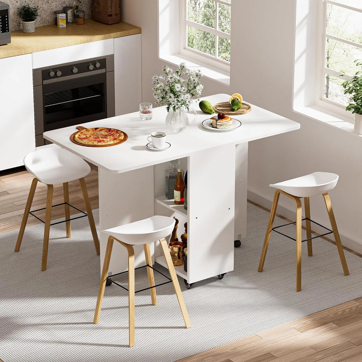 Table à Manger Pliante Mobile avec Roulettes et Rangement pour Petits Espaces