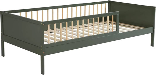 Lit Enfant Elio 90x190 cm en Pin Naturel avec Sommier à Lattes Vert