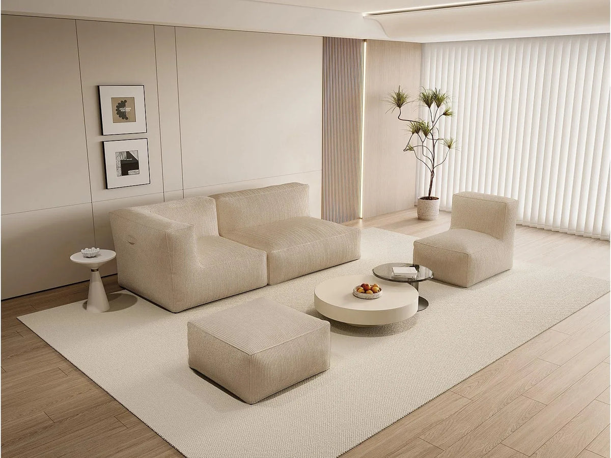 Ensemble Salon Modulaire en Velours Beige avec Canapé et Pouf - NOUMARA