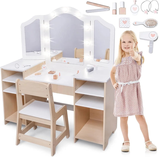 Ensemble Coiffeuse Enfant avec LED et Accessoires - Dès 3 Ans - Comprend Miroir, Tabouret et Espace de Rangement