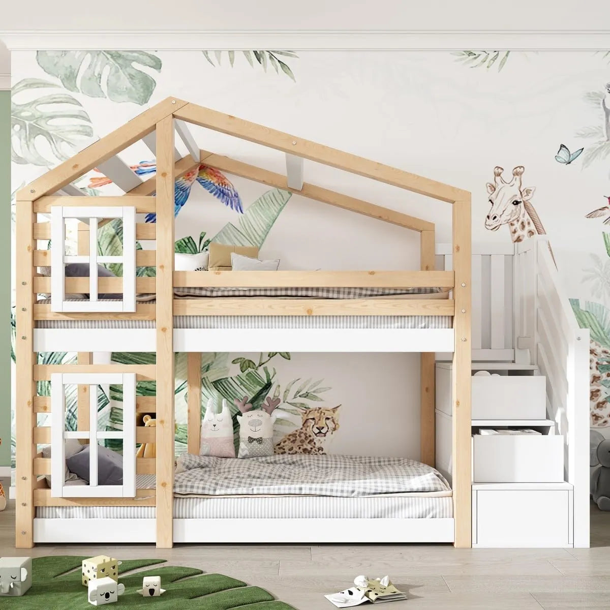 Lit superposé en bois 90x200 cm pour enfants et adolescents avec tiroir et barrière de sécurité