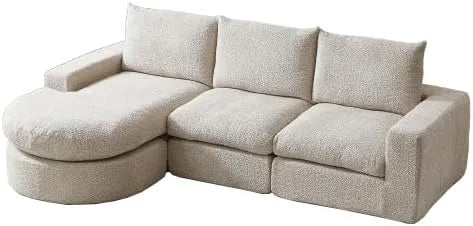 Canapé d'angle modulable en chenille beige avec fonction lit et méridienne, 4 pièces compactes sans montage