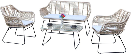 Ensemble de Jardin Luxueux en Résine Tressée Lena - Canapé 2 Places, Deux Fauteuils et Table