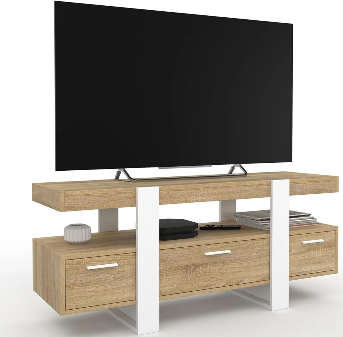 Meuble TV Phoenix 116 cm en Bois et Blanc avec Rangements