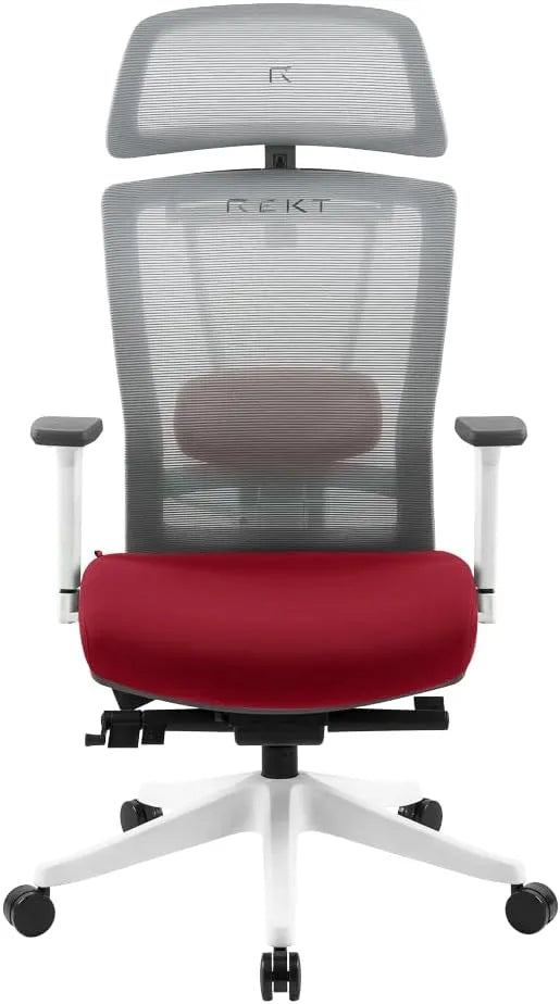 Chaise de Bureau Ergonomique REKT Office-R - 12 Réglages - Support Lombaire Intégré - Appuie-tête Confortable - Profondeur d'Assise Ajustable - Assise Haute Densité 55Kg/M3 (Blanc/Rouge)