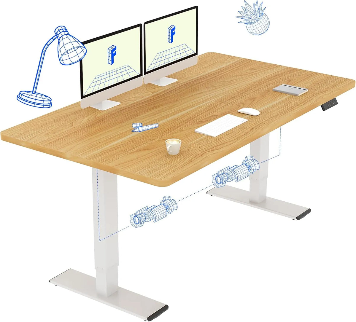 Bureau Électrique Ajustable 140x70cm avec Double Moteur et Mémoire, Charge Maximale 120kg, Cadre Blanc et Plateau Érable