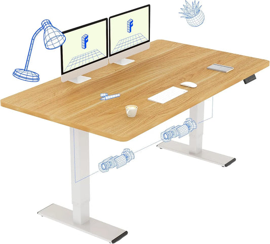 Bureau Électrique Ajustable 140x70cm avec Double Moteur et Mémoire, Charge Maximale 120kg, Cadre Blanc et Plateau Érable