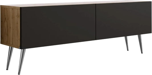 Meuble TV Moderne 140 cm, Chêne Wotan et Noir, 2 Portes, 2 Étagères, Pieds Chromés