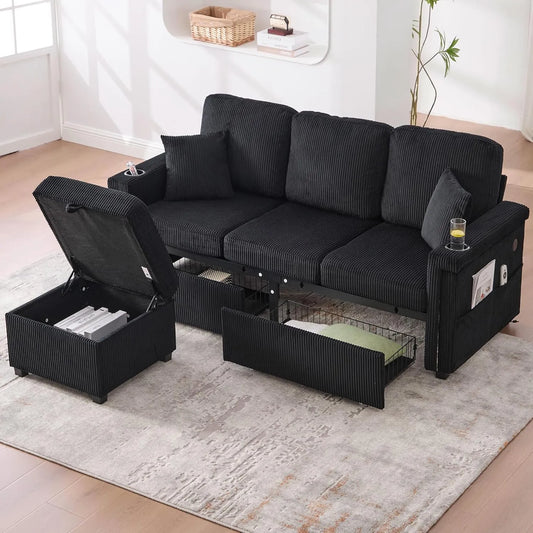 Canapé d'angle contemporain en velours avec LED, ports USB et Type-C, 2 tiroirs, repose-pieds avec rangement, porte-gobelets pratiques et poches latérales, 3 places (noir)