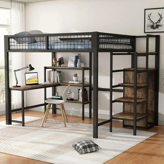 Lit Mezzanine Multifonction 140x200 cm avec Bureau et Rangement, Escalier intégré, Cadre en Métal, Noir