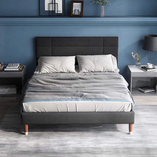 Lit Double 140x200cm avec Sommier et Tête de Lit en Lin Gris Foncé, Design Contemporain pour Adultes et Adolescents, Sans Matelas