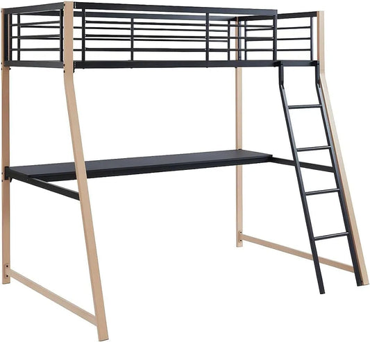 Lit mezzanine avec bureau intégré MALICIA - 90 x 190 cm - Structure noire et finition chêne