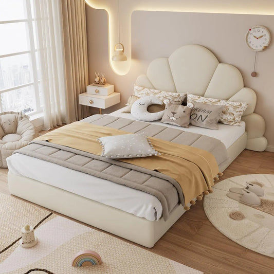 Lit Double Modernes 140x200 cm avec Tête en Pétales, Structure Robuste en Bois, Pour Enfants et Adolescents, Modèle Fille