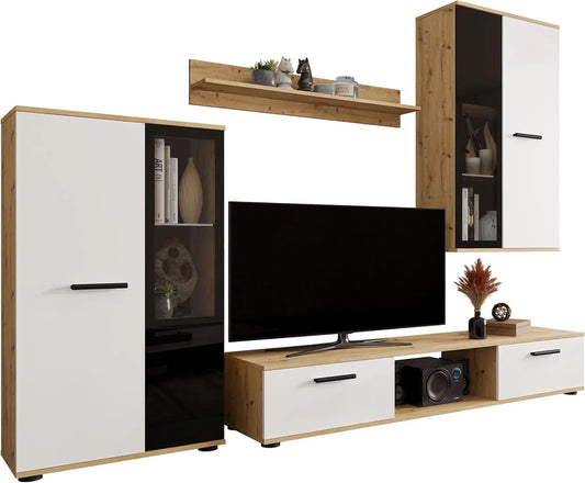 Ensemble Moderne de Meubles Muraux Salsa - Armoire Suspendue, Vitrine et Meuble TV Bas en Chêne Artisan et Blanc