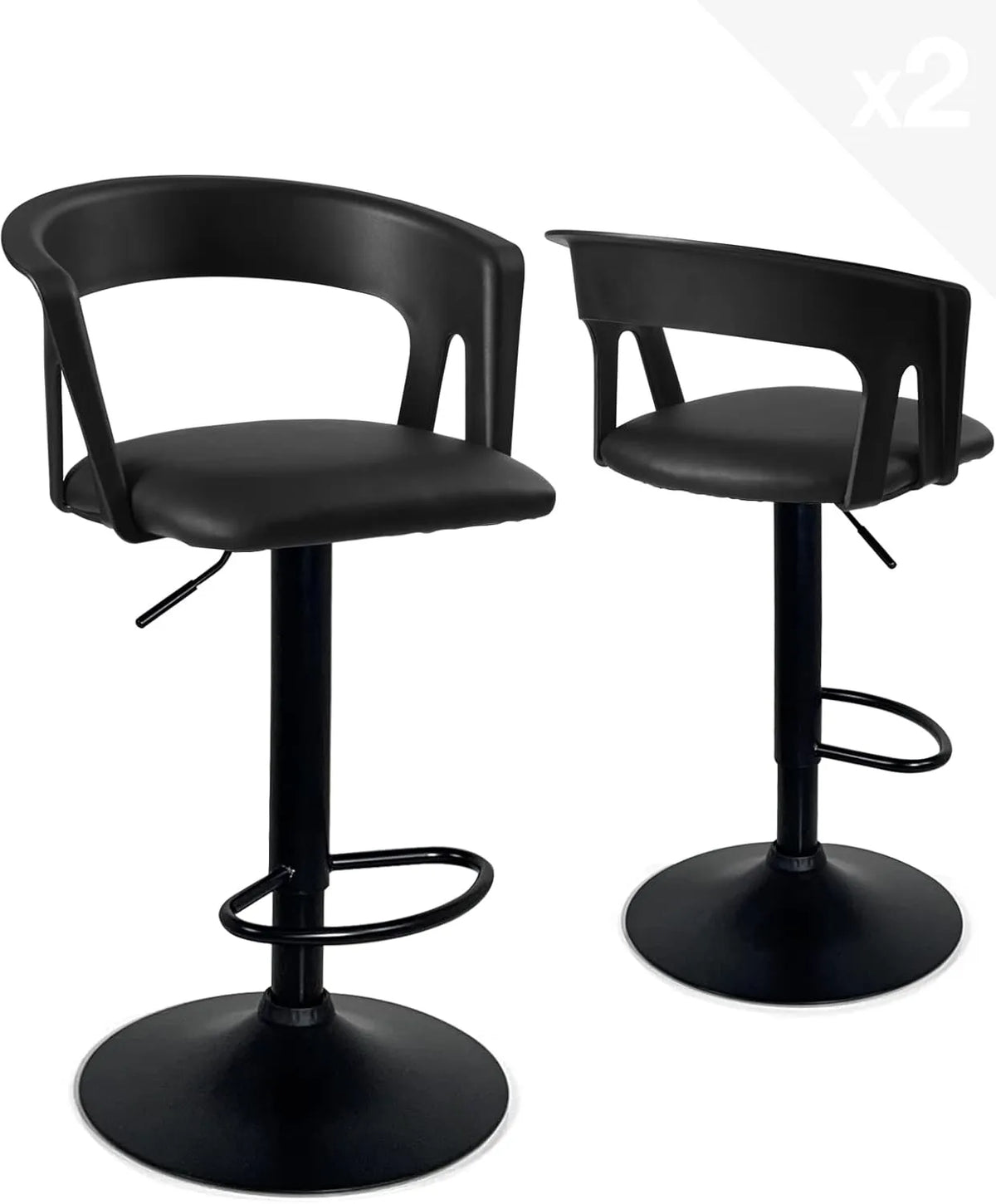 Tabourets de Bar Réglables Noirs - Ensemble de 2, Simili Cuir, Pivotant 360° avec Repose-Pieds