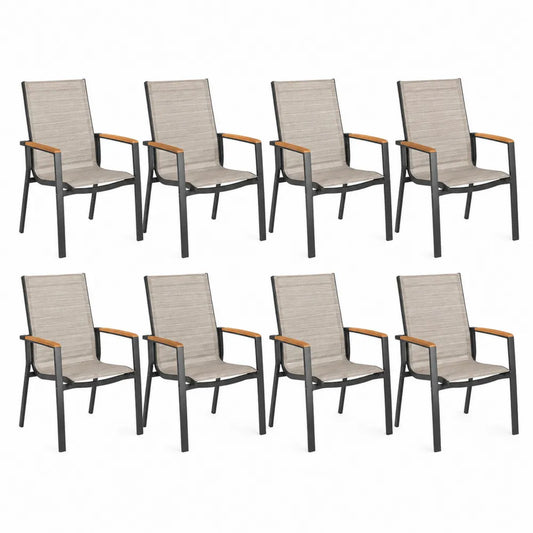 Lot de 8 fauteuils de jardin empilables textilène beige structure acier noir accoudoirs bois naturel 55 cm 60 cm 90 cm