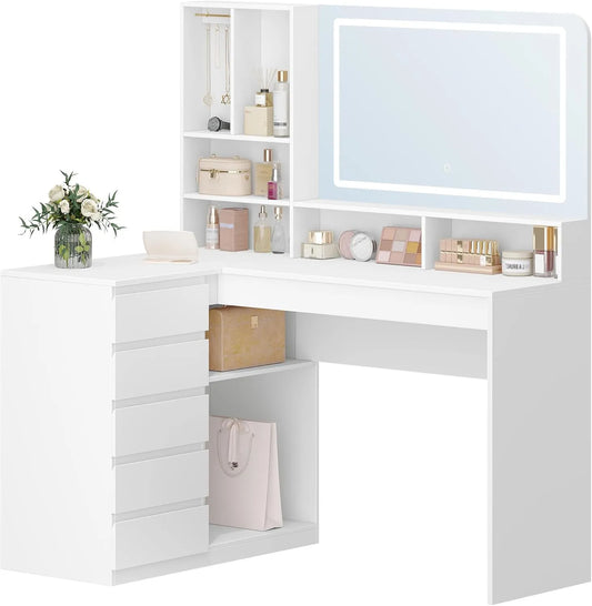 Coiffeuse Moderne avec Grand Miroir LED, 5 Tiroirs et Rangements Multiples, Blanche