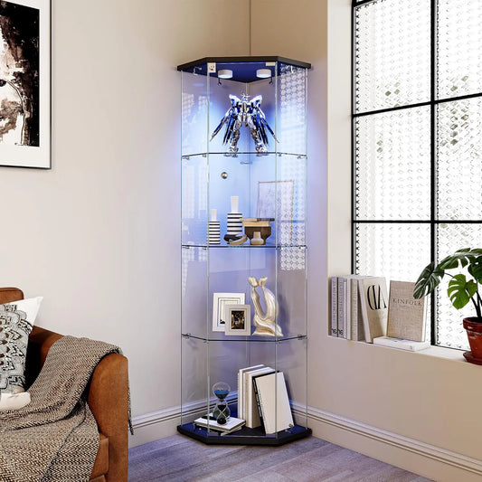 Armoire d'exposition en verre trempé avec LED, 4 tablettes, porte unique, style moderne pour salon, bar, chambre ou bureau