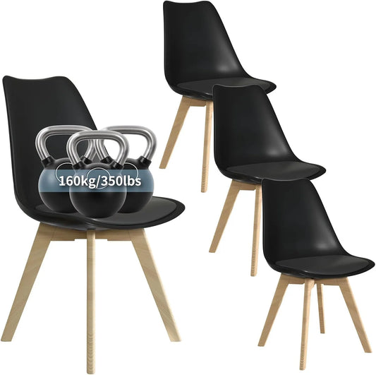 Ensemble de 4 Chaises Scandinaves Ergonomiques avec Coussin et Pieds en Bois de Hêtre pour Intérieur Noir