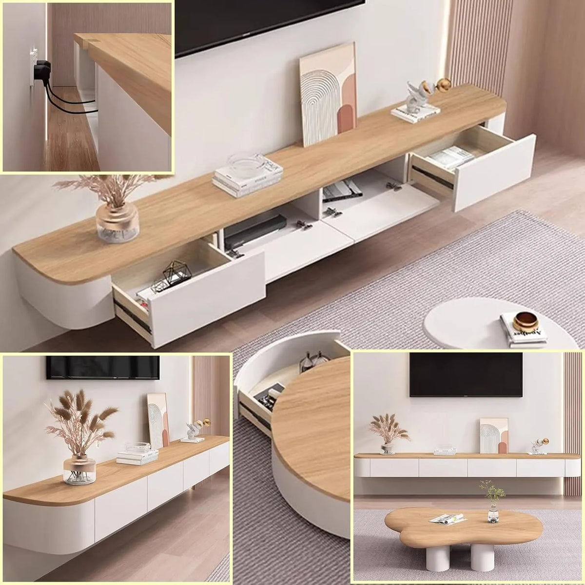 Étagère Murale de Télévision en Bois Massif avec Tiroir, Plusieurs Dimensions, Blanc et Marron