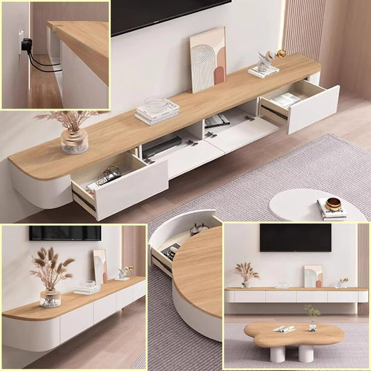 Étagère Murale de Télévision en Bois Massif avec Tiroir, Plusieurs Dimensions, Blanc et Marron