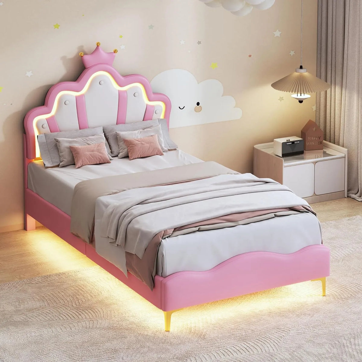 Lit Enfant Couronne Rose avec LED et Sommier 90x200cm
