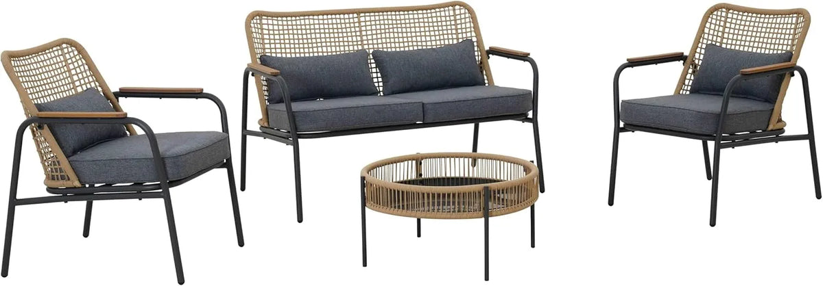 Ensemble de Jardin 4 Places en Résine Tressée Gris avec Éléments en Bois