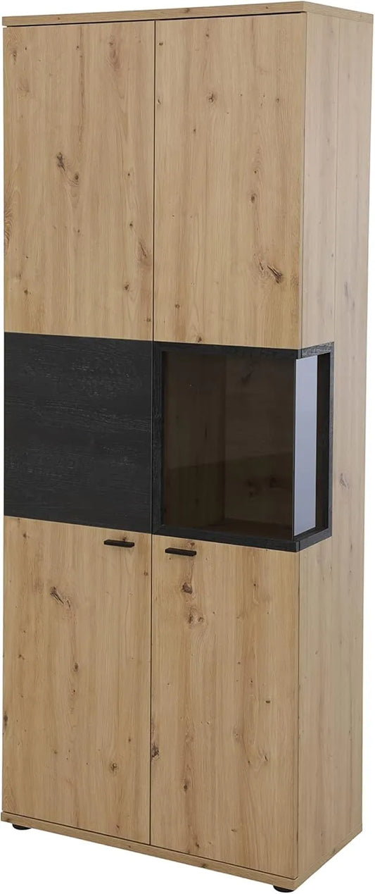 Buffet Atlanta Hela Tische en Bois avec Portes Vitrées et Étagères, Décor Artisan, 80 x 40 x 197 cm