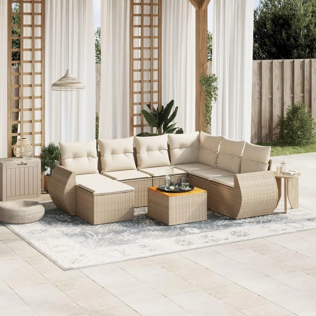 Salon de jardin modulable 8 pièces en polyrotin avec coussins beiges et table en acacia