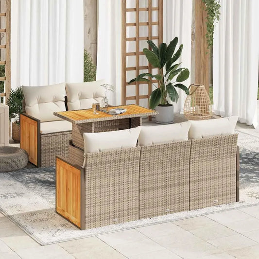 Set de Salon de Jardin 6 Pièces en Rotin Synthétique Beige avec Acacia, Design Modulaire, Rangement Inclus
