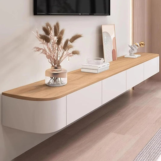 Support TV Murale en Bois Massif Noir, Design Suspendu avec Tiroirs, Meuble Moderne pour Salon ou Chambre, 140cm