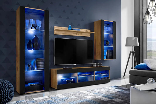 Ensemble de Meubles Tivoli Medio Noir Wotan avec Éclairage LED Bleu, 250x159x35cm pour Salon et Chambre
