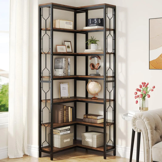Étagère d'Angle Industriale à 7 Niveaux en Bois et Métal pour Salon et Bureau - Brun Rustique