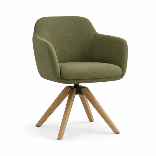 Fauteuil pivotant 85 cm x 78 cm x 80 cm dossier moyen tissu vert pieds bois massif de hêtre structure métal noir base rotative