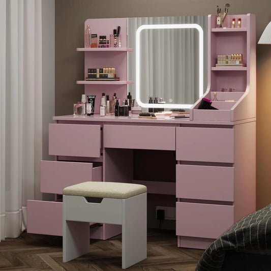 Table de Maquillage LED avec 7 Tiroirs, Miroir à 3 Couleurs Réglables pour Chambre (Rose et Blanc)