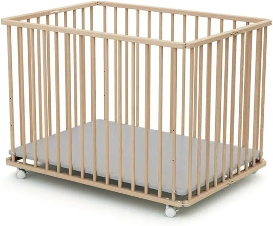 Parc Bébé en Bois Massif avec Roulettes et Freins, Pliable et Réglable, 15kg