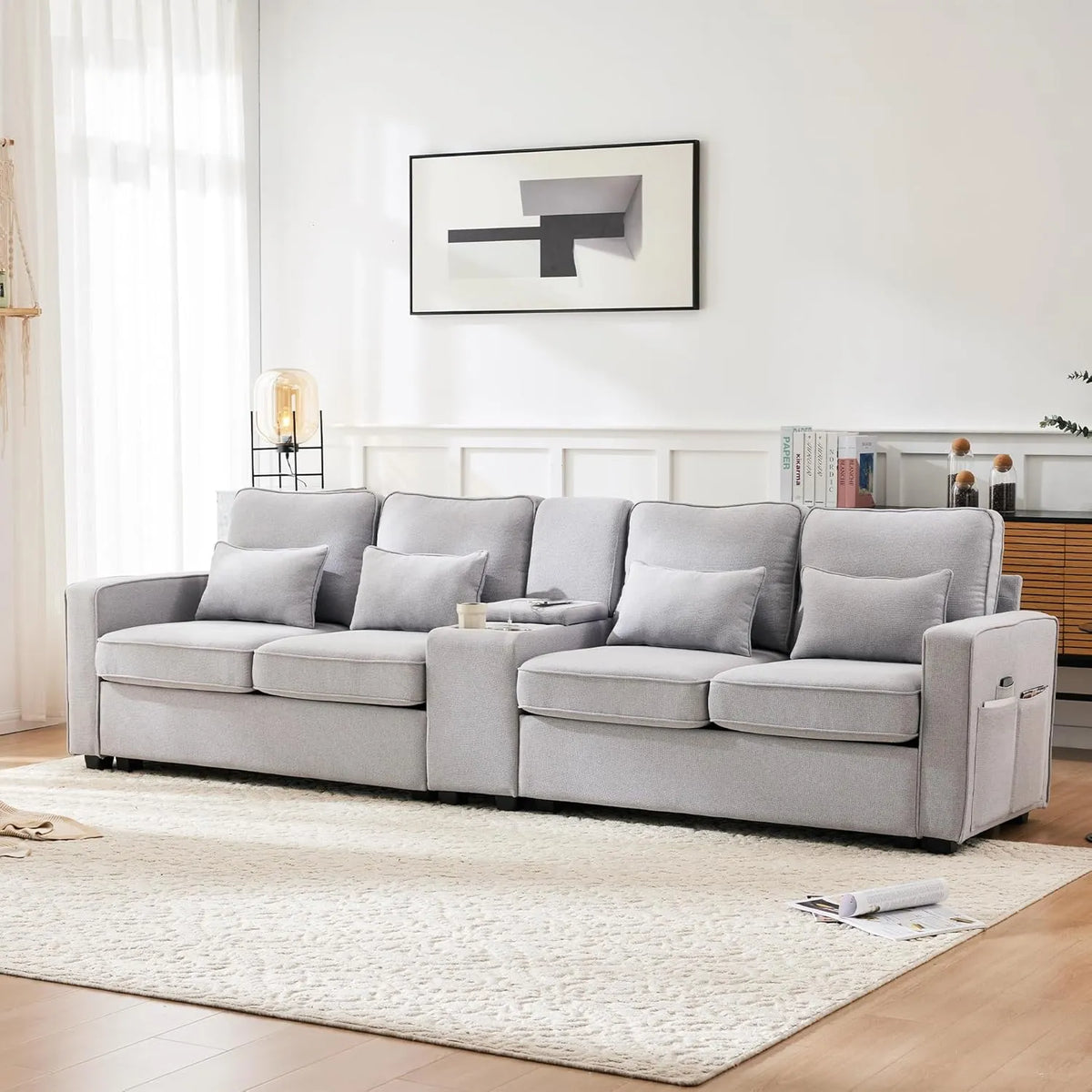 Canapé en lin 4 places avec console, porte-gobelets et ports USB, poches accoudoir, coussins inclus - Gris clair