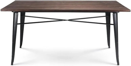 Table à manger moderne en métal noir mat avec plateau en bois foncé 160 x 80 cm