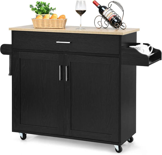 COSTWAY Chariot de Cuisine à Roulettes avec Verrouillage, Îlot de Cuisine avec Étagère Ajustable, Grand Placard et Rangements, 40 x 116 x 85 cm (Noir)