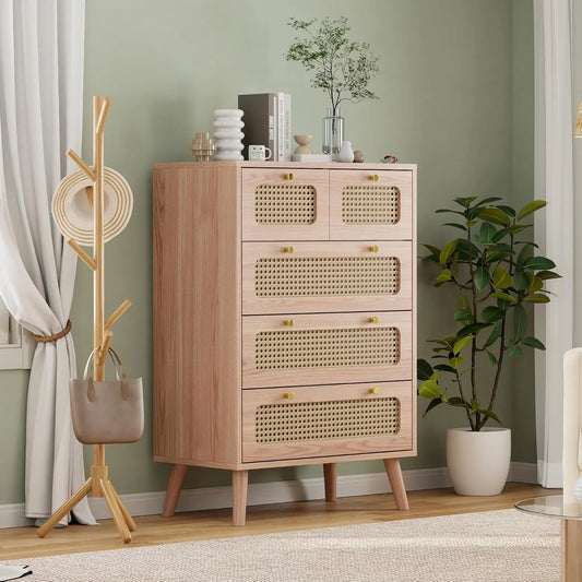 BestAlice Buffet en rotin avec 6 tiroirs - Rangement en bois naturel et poignées dorées - Idéal pour chambre, salon ou couloir