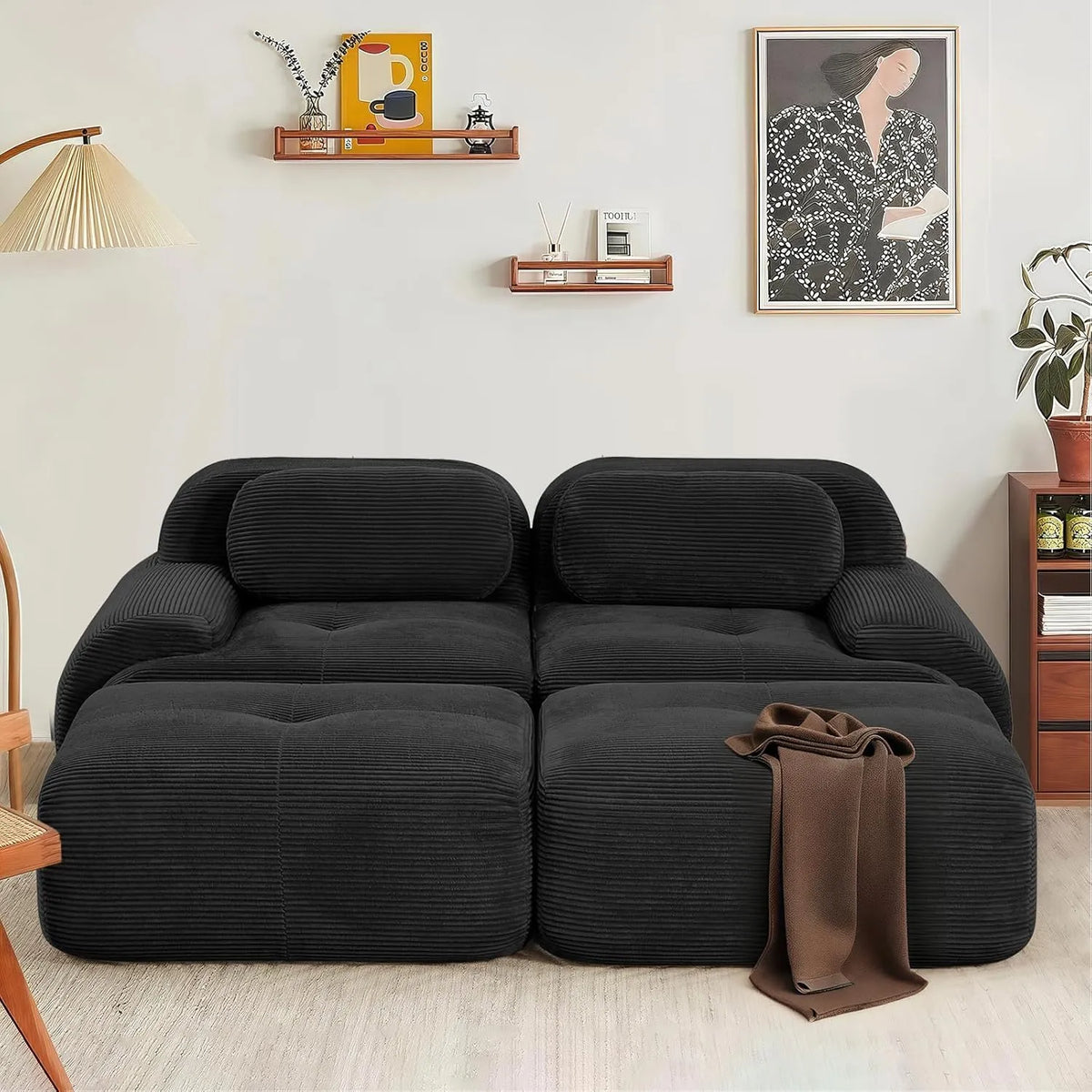 Canapé Modulaire Moderne en Tissu, Assise Profonde et Accoudoirs Larges, 2 Places avec Repose-Pieds, Couleur Noire