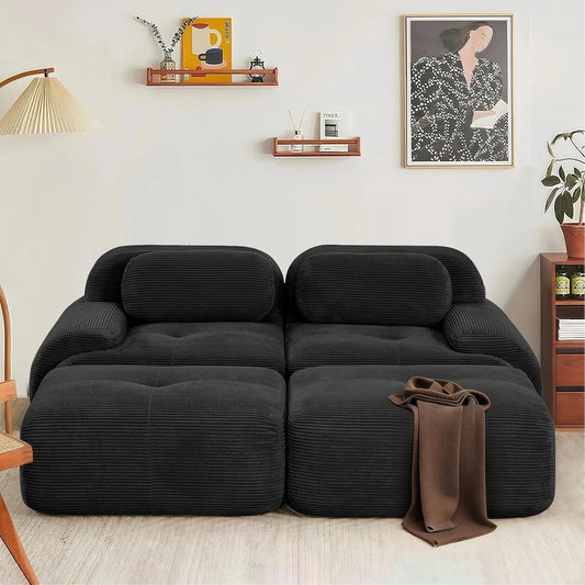 Canapé Modulaire Moderne en Tissu, Assise Profonde et Accoudoirs Larges, 2 Places avec Repose-Pieds, Couleur Noire